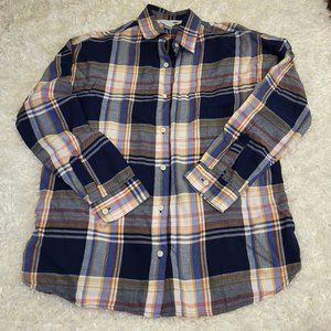Old Navy Plaid Boyfriend Long Sleeve Button Down Blouse, Medium, Blue/Yellow/Red